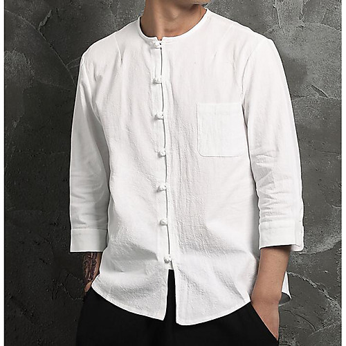 

Men's Shirt Solid Colored Long Sleeve Causal Tops Personalized Casual Chinoiserie Round Neck White Navy Blue / Fall / Spring