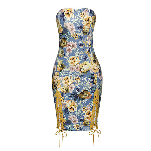 

Women's Bodycon Short Mini Dress Light Blue Sleeveless Floral Cut Out Floral Style Printing Summer Strapless Party Club Skinny Lace up S M L XL / Sexy
