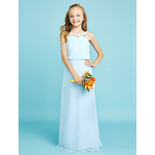

Sheath / Column Floor Length Junior Bridesmaid Dress Chiffon Sleeveless Straps with Crystals / Natural