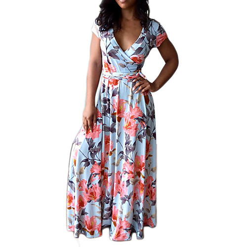 

Women's Sheath Dress Maxi long Dress Blue Short Sleeve Floral Retro Pleated Spring Summer V Neck Boho Floral S M L XL