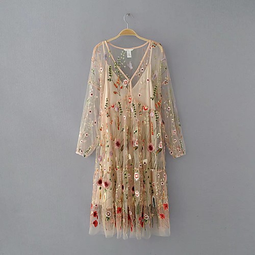 

Women's Loose Midi Dress White Beige 3/4-Length Sleeve Floral Embroidered Fall Spring V Neck Sophisticated Going out Embroidery S M L / Cotton / Cotton