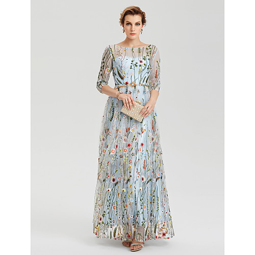 

A-Line Empire Party Wear Wedding Guest Dress Illusion Neck 3/4 Length Sleeve Floor Length Lace with Embroidery Appliques 2021 / Illusion Sleeve