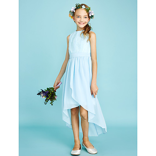 

Sheath / Column Asymmetrical Junior Bridesmaid Dress Chiffon Sleeveless Jewel Neck with Pleats / Natural