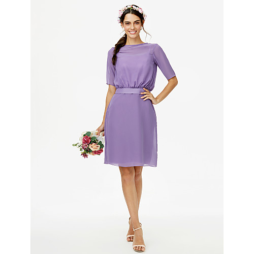 

Sheath / Column Jewel Neck Knee Length Chiffon Bridesmaid Dress with Sash / Ribbon / Pleats