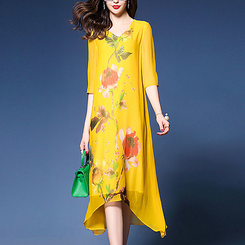

Women's Loose Midi Dress Yellow Black Red Floral Print Summer V Neck Streetwear Boho Going out Loose Floral M L XL XXL