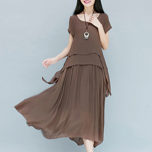 

Women's Chiffon Dress Midi Dress Khaki Green White Navy Blue Short Sleeve Solid Colored Round Neck Chinoiserie Loose M L XL XXL