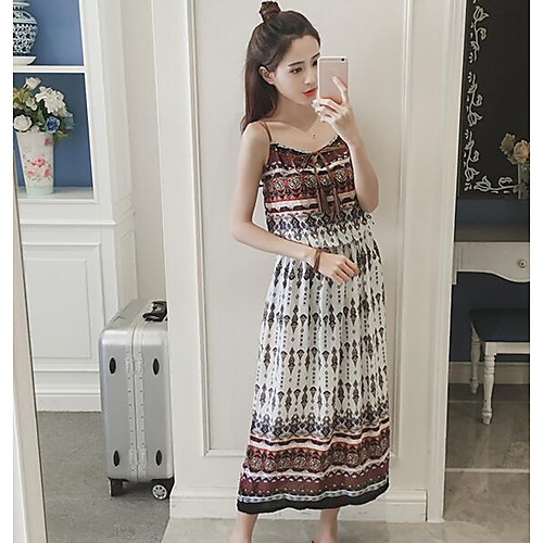 

Women's Strap Dress Maxi long Dress White Sleeveless Geometric Summer