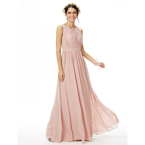 

A-Line Jewel Neck Floor Length Chiffon Bridesmaid Dress with Sash / Ribbon / Pleats / Side Draping