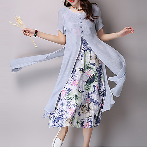 

Women's Sheath Dress Knee Length Dress Gray Green Short Sleeve Floral Print Round Neck Sophisticated Party Going out Floral M L XL XXL