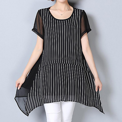 

Women's Blouse Striped Plus Size Short Sleeve Daily Tops Streetwear Sophisticated Black