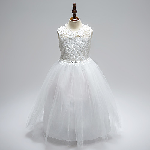 

Ball Gown Floor Length Flower Girl Dresses Wedding Lace Sleeveless Jewel Neck with Sash / Ribbon / First Communion / Open Back