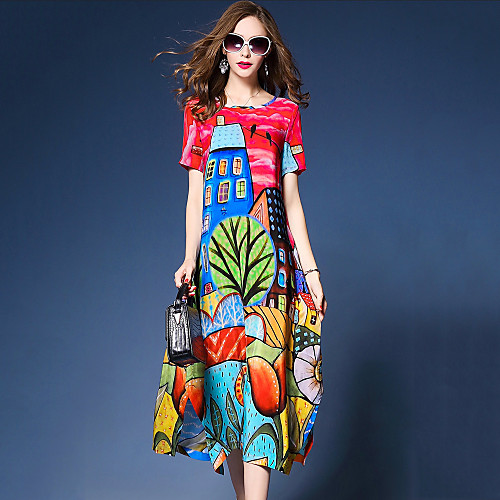 

Women's Midi Dress Loose - Short Sleeve Print Summer Street chic Chinoiserie Going out Rainbow M L XL XXL / Silk