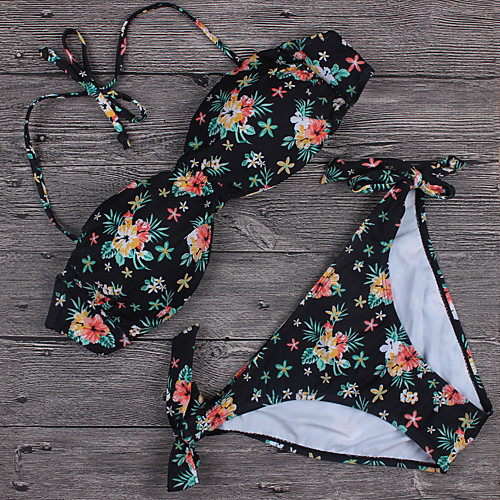 

Women's Bikini Swimsuit Floral Black Swimwear Halter Neck Bathing Suits Floral