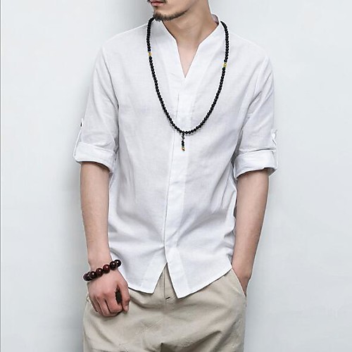 

Men's Shirt Solid Colored Half Sleeve Daily Slim Tops Casual Chinoiserie Standing Collar Gray White Navy Blue / Fall / Spring