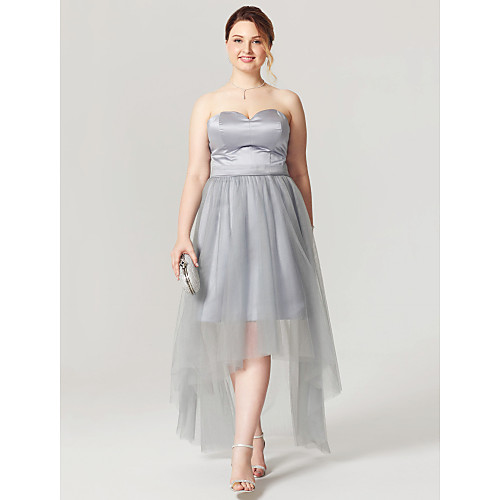 

A-Line Open Back See Through Holiday Homecoming Cocktail Party Dress Sweetheart Neckline Sleeveless Asymmetrical Satin Tulle with Sash / Ribbon Pleats 2020 / Prom