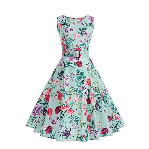

Women's Swing Dress Knee Length Dress Light Green Sleeveless Floral Pleated Summer Round Neck Vintage Streetwear Going out Beach Floral S M L XL