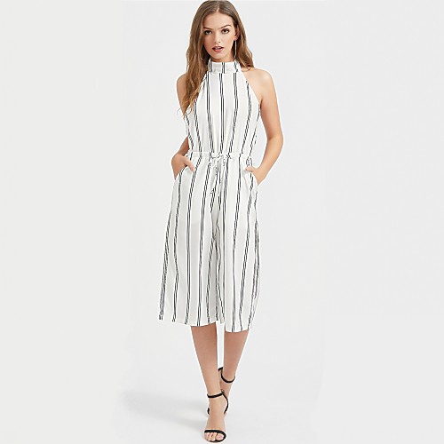 

Women's Daily Halter Neck Backless White Jumpsuit Striped Backless / Wide Leg