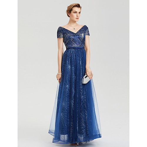 

A-Line V Neck Floor Length Lace Tulle Evening Party / Formal Dress with Bowknot Sash / Ribbon Lace-up by TS Couture