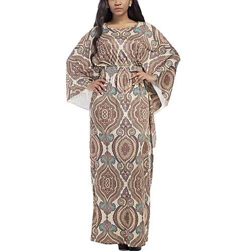 

Women's Loose Maxi long Dress Purple Gray Khaki Red Long Sleeve Tribal Ruffle Print Spring Summer Round Neck Boho Beach Boho Bohemia Beach L XL XXL 3XL / Plus Size / Plus Size