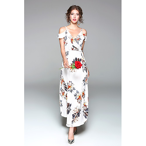 

Women's Chiffon Dress Maxi long Dress White Short Sleeve Floral Split Spring Summer V Neck Going out Floral S M L XL