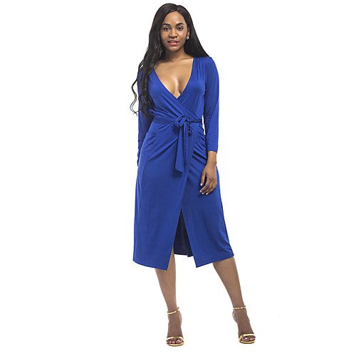

Women's Sheath Dress Midi Dress Purple Fuchsia Green Royal Blue Black Navy Blue Long Sleeve Solid Colored Split Fall Spring Deep V Going out Split L XL XXL 3XL / Plus Size / Plus Size