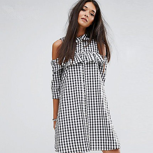 

Women's Loose Short Mini Dress Black Half Sleeve Check Summer Shirt Collar Casual Streetwear Holiday Going out Beach Cut Out