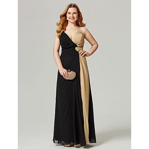 

Sheath / Column Color Block Furcal Holiday Cocktail Party Prom Dress V Neck Sleeveless Floor Length Chiffon with Criss Cross Pleats Ruched 2021