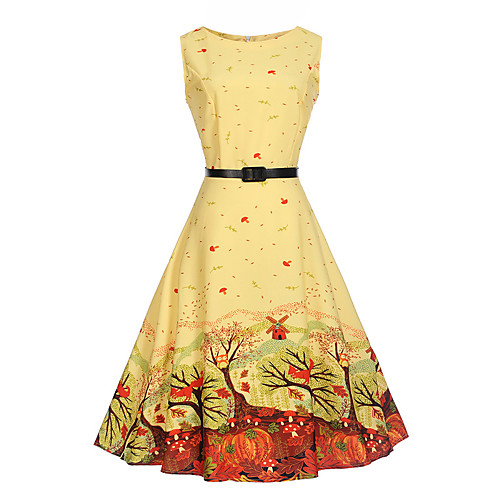 

Women's A Line Dress Knee Length Dress Yellow Sleeveless Botanical Print Summer Round Neck Vintage Holiday Work S M L XL XXL / Cotton / Cotton