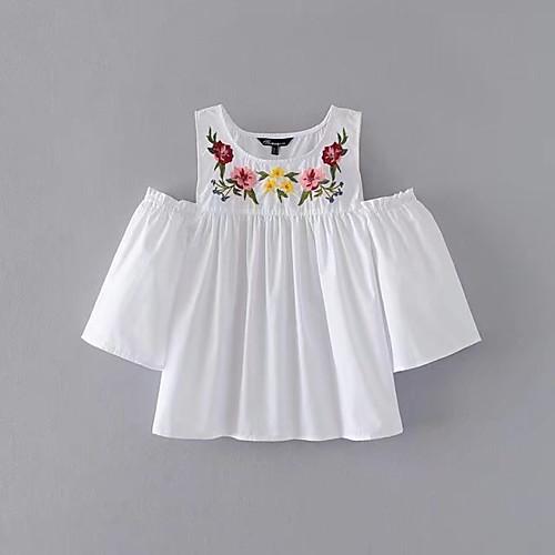 

Women's Blouse Embroidery Floral Short Sleeve Daily Tops Cotton Casual Streetwear White
