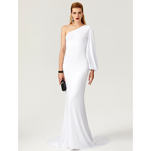 

Mermaid / Trumpet Celebrity Style White Engagement Formal Evening Dress One Shoulder Long Sleeve Court Train Jersey with Pleats 2021