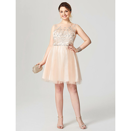 

A-Line / Fit & Flare Illusion Neck Knee Length Tulle Sparkle & Shine / Open Back Cocktail Party Dress with Crystals / Pleats by