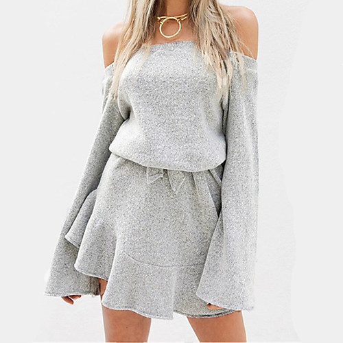 

Women's Loose Short Mini Dress Gray Long Sleeve Solid Colored Ruffle Fall Winter Off Shoulder Going out Flare Cuff Sleeve Off Shoulder S M L XL