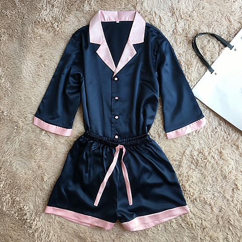 

Women's Robes Satin & Silk Suits Nightwear - Satin Color Block Blushing Pink / Navy Blue M L XL