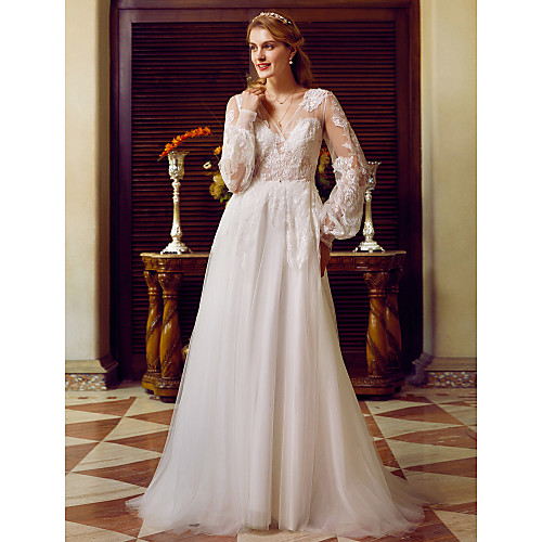 

A-Line Wedding Dresses V Neck Sweep / Brush Train Lace Tulle Long Sleeve See-Through with Appliques 2021