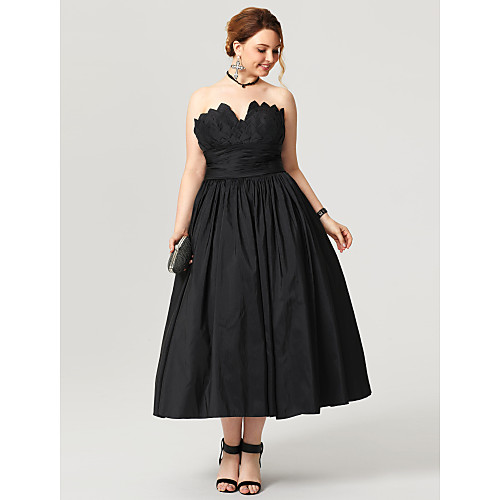

Ball Gown Little Black Dress Open Back Prom Formal Evening Dress Notched Sleeveless Tea Length Taffeta with Sash / Ribbon Pleats Ruched 2021