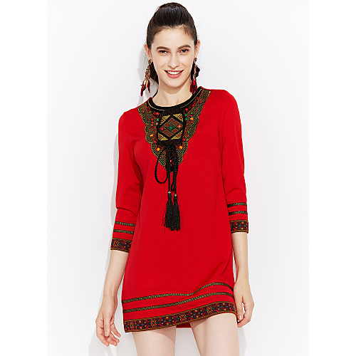 

Women's A Line Dress Short Mini Dress Black Red Long Sleeve Red Embroidered Spring Round Neck Streetwear Sophisticated Party Going out Boho Bohemia Beach M L XL XXL 3XL 4XL / Plus Size / Plus Size