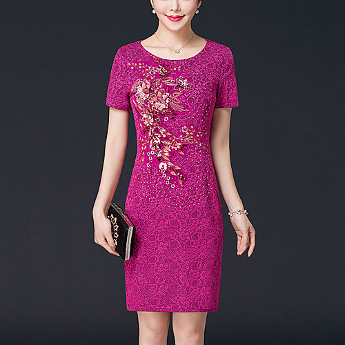 

Women's Bodycon Short Mini Dress Fuchsia Red Short Sleeve Solid Colored Embroidered Beaded Fall Summer Round Neck Sophisticated M L XL XXL 3XL 4XL / Plus Size / Plus Size