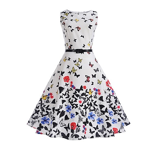 

Women's Sheath Dress Knee Length Dress White Sleeveless Butterfly White Floral Summer Round Neck Vintage Holiday Work S M L XL XXL / Cotton / Cotton