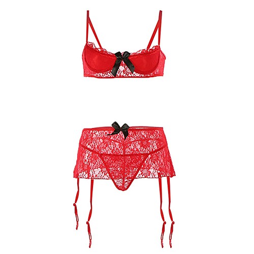 

Women's Bra & Panty Set Lace Bras Demi-cup Patchwork Cotton Red