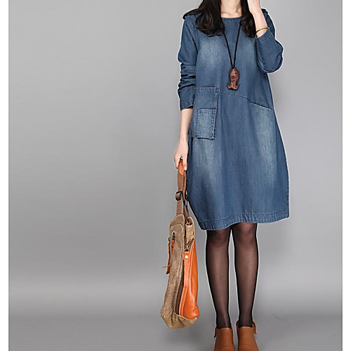 

Women's Denim Dress Short Mini Dress Blue 3/4 Length Sleeve Solid Colored Fall Spring Round Neck M L XL XXL 3XL / Plus Size / Plus Size