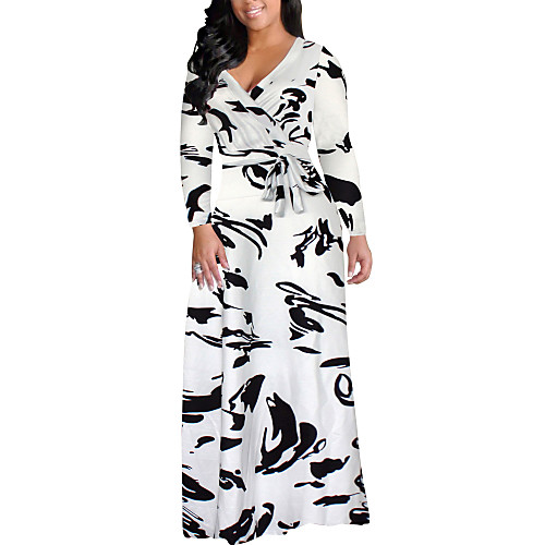 

Women's Swing Dress Maxi long Dress White Long Sleeve Print Fall Spring V Neck Vintage Streetwear Going out L XL XXL 3XL 4XL 5XL