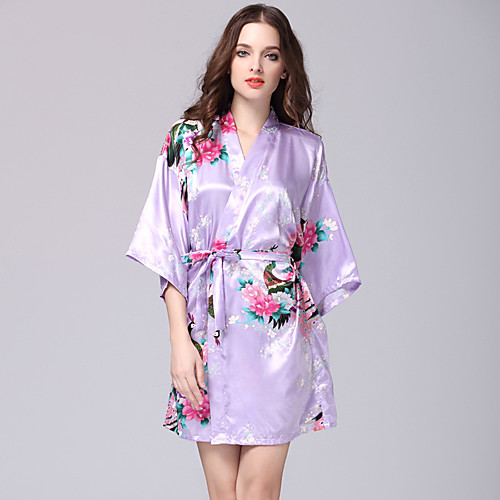 

Women's Satin & Silk Robes Pajamas Print Floral Polyester Casual Daily Wear Home Half Sleeve Belt Included