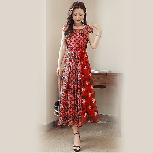 

Women's Sheath Dress Maxi long Dress Red Short Sleeve Print Fall Summer Round Neck Vintage Streetwear Boho Party Holiday Going out S M L XL XXL / Beach