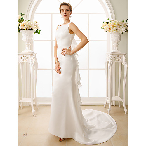 

Mermaid / Trumpet Wedding Dresses Bateau Neck Court Train Satin Regular Straps Simple Backless with Cascading Ruffles 2021