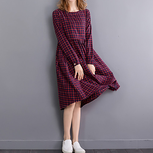 

Women's A Line Dress Short Mini Dress Red Long Sleeve Plaid Check Fall Spring Round Neck Going out M L XL XXL / Cotton / Cotton