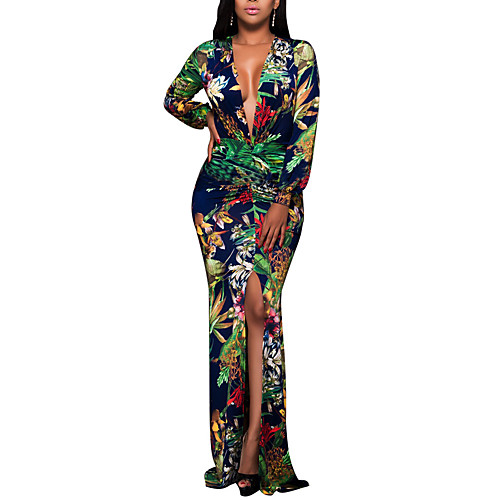 

Women's Bodycon Maxi long Dress Green Long Sleeve Floral Print Fall Spring Deep V Hot Boho Party Club Slim Floral S M L XL XXL 3XL / Plus Size / Plus Size / Sexy
