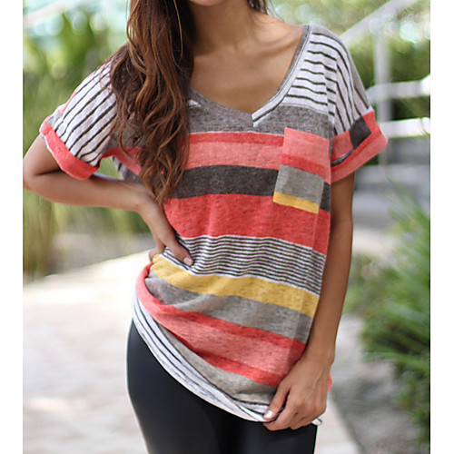 

Women's T shirt Color Block Patchwork Short Sleeve Going out Tops Blue Red Blushing Pink