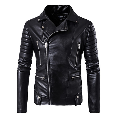 

Men's Faux Leather Jacket Daily Fall Winter Regular Coat Notch lapel collar Streetwear Jacket Long Sleeve Solid Colored Black / Club