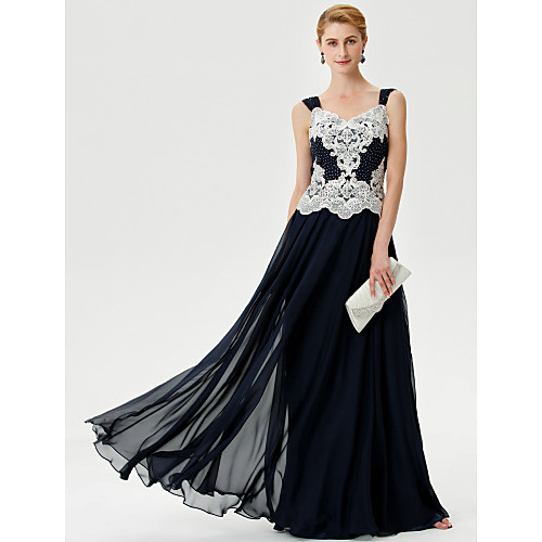 

A-Line Mother of the Bride Dress Color Block Open Back Straps Floor Length Chiffon Corded Lace Sleeveless with Crystals Appliques 2021