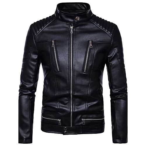 

Men's Faux Leather Jacket Daily Fall Winter Regular Coat Stand Collar Slim Basic Jacket Long Sleeve Solid Colored Black / Plus Size